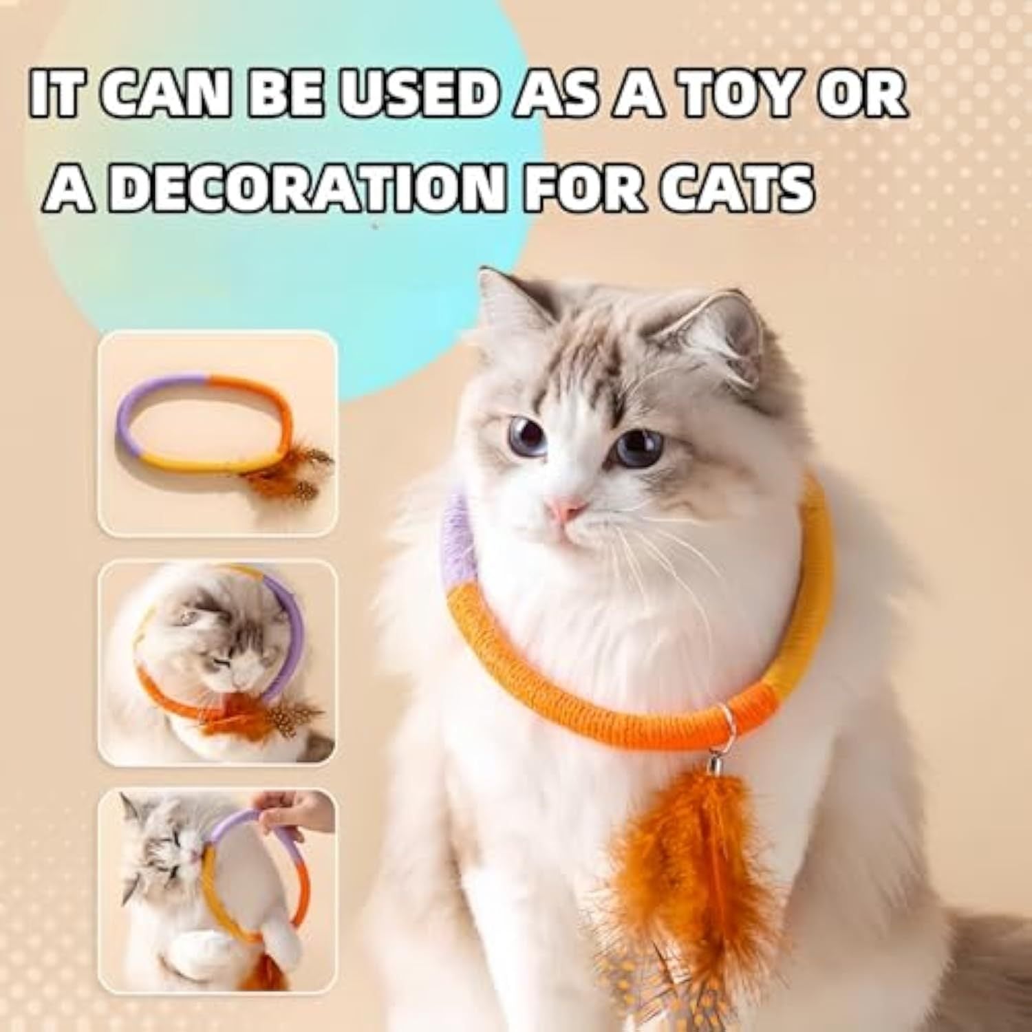Cat wearing the orange-yellow-purple cotton rope toy around the neck with feather decoration, shown as toy and decoration