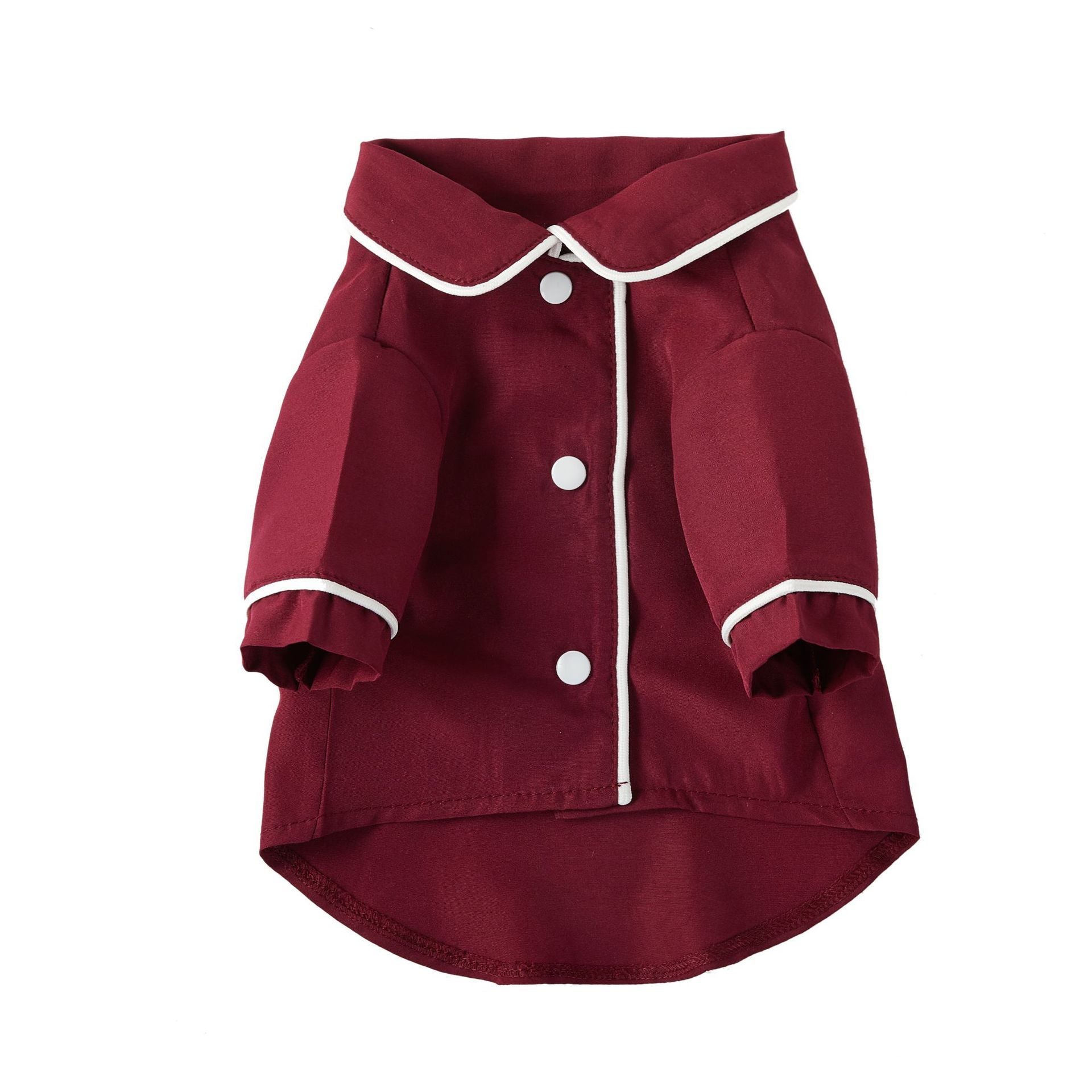 Wine red pet pajamas shirt shown on a white background with collar and buttons