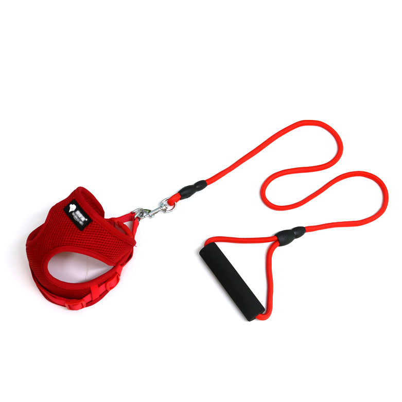 Red mesh dog harness and leash set displayed on white background