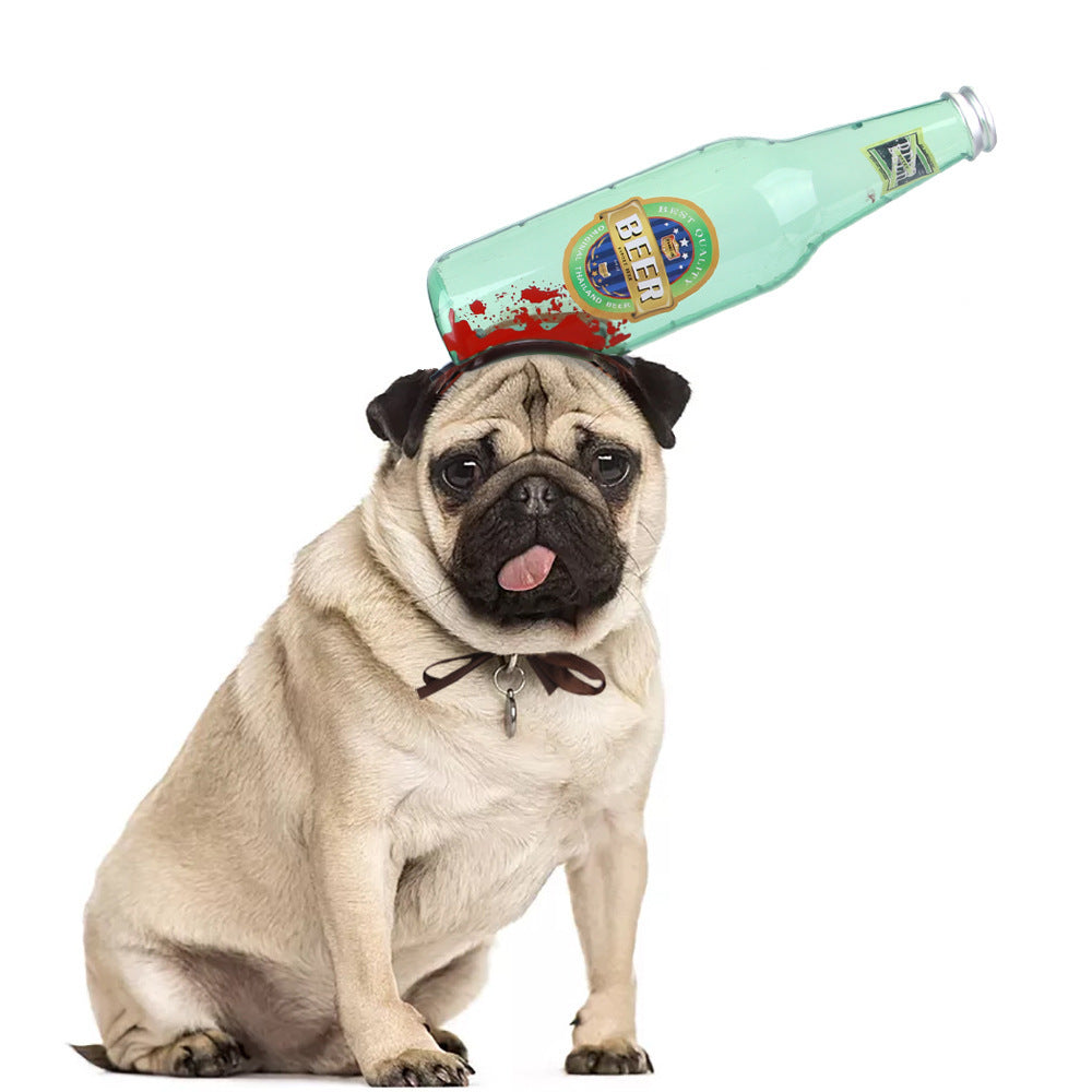 Fawn pug wearing bloody pipe wrench headgear with tongue out