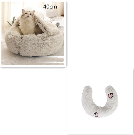 Beige dome pet bed with 40cm label and off white U-shaped pillow with peach embroidery