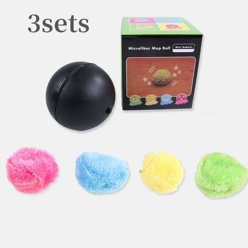Three sets of microfiber covers in pink, blue, yellow, and green with a black robotic core ball and product packaging box labeled Microfiber Mop Ball Mini Robotic