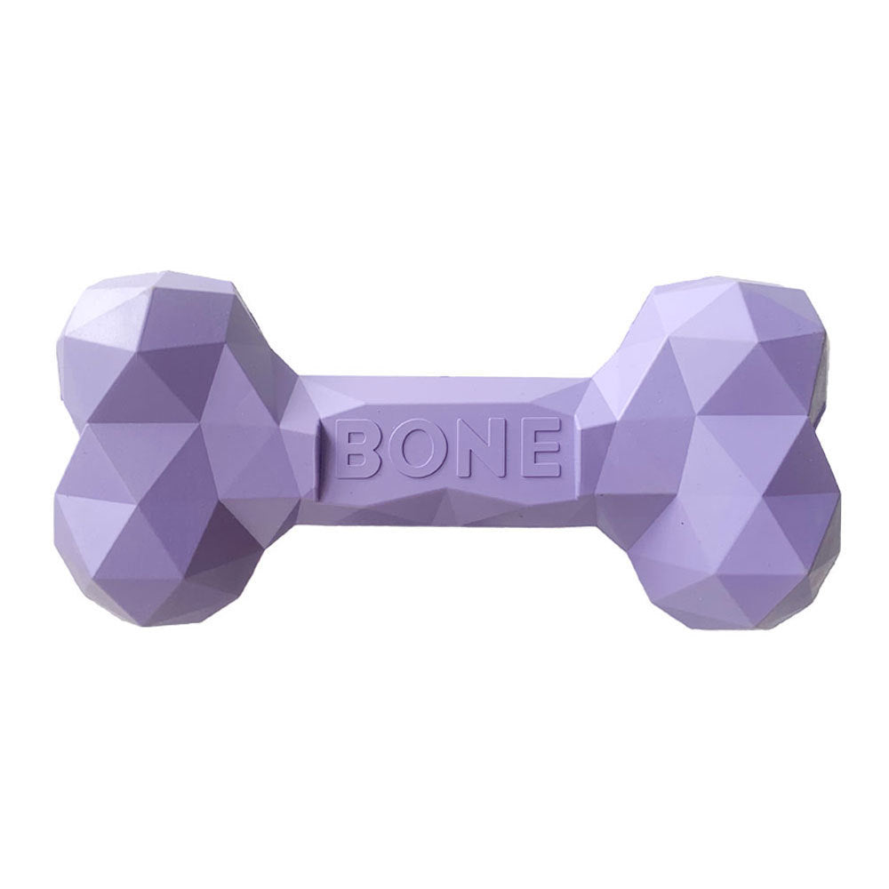 Violet geometric rubber dog bone toy with BONE logo on white background