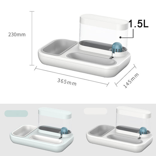 Diagram of pet feeder with dimensions 365mm x 230mm x 145mm and 1.5L water capacity, shown in white-gray and light blue-white color options