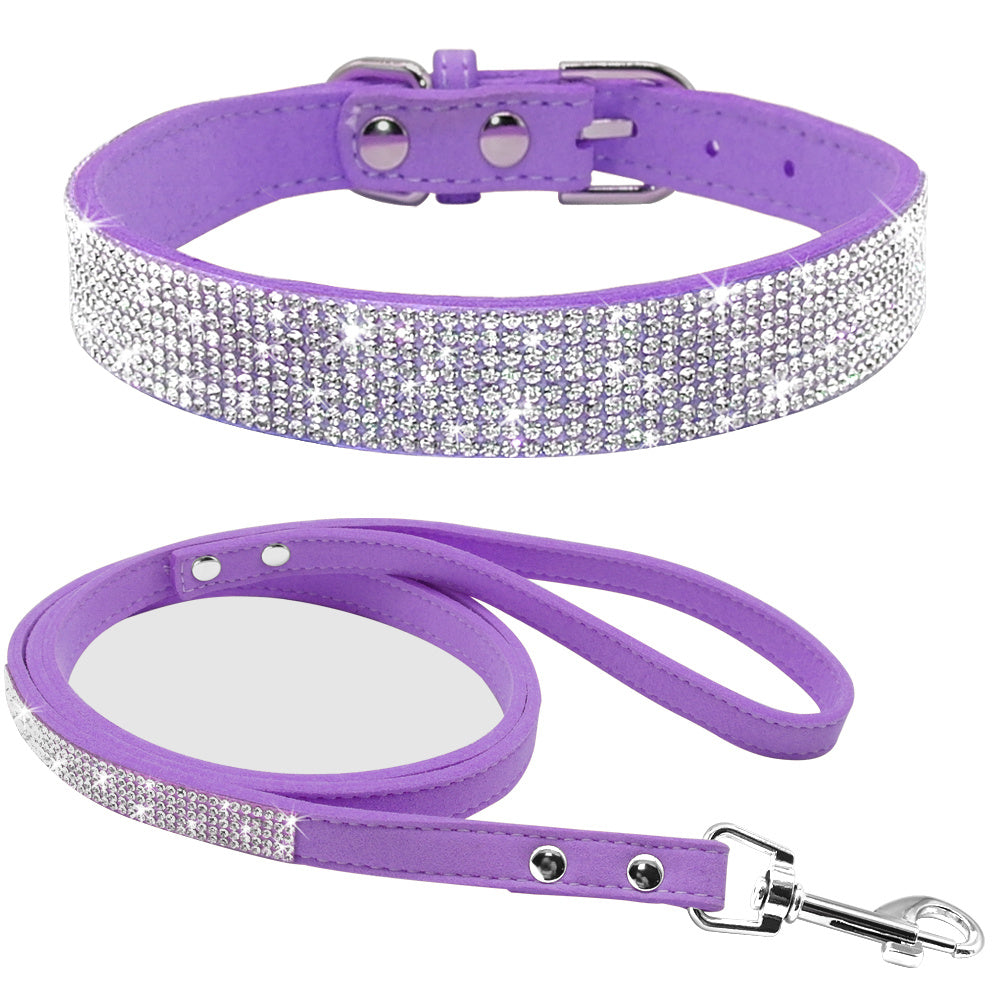 Purple crystal-embellished dog collar and matching leash set on white background