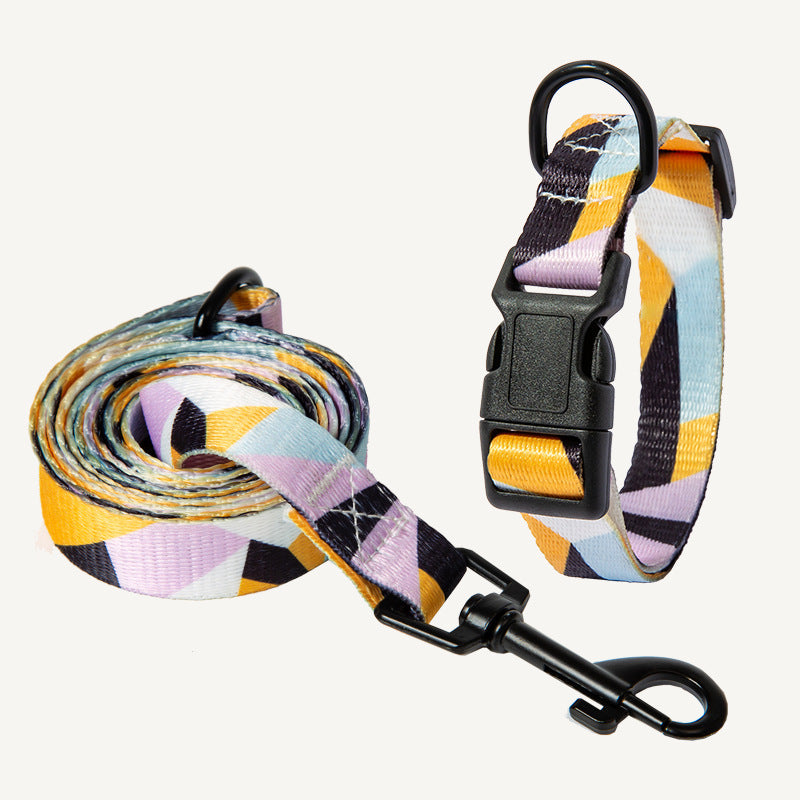 Set of dog collar and matching leash in purple, yellow, and black geometric pattern displayed on white background