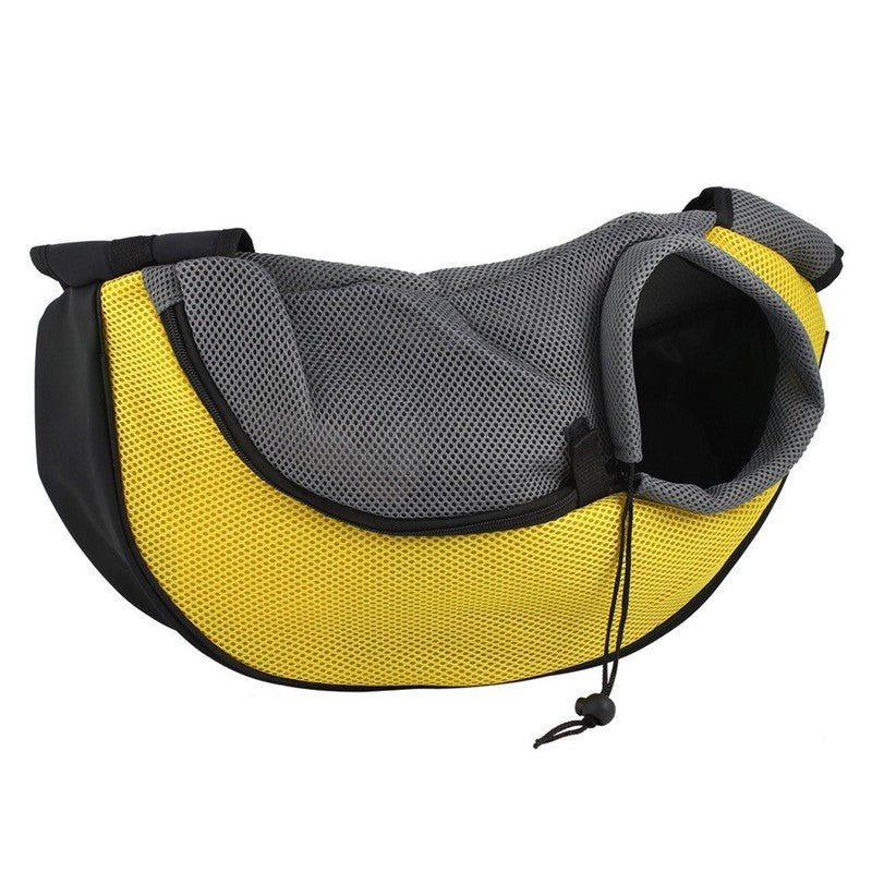 Yellow and gray pet sling carrier isolated on white background