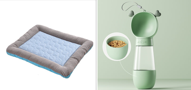 Blue cooling pet bed mat next to green pet feeder with heart-shaped decorative handles and food bowl compartment.