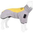 Load image into Gallery viewer, Mannequin dog model dressed in gray and yellow warm dog coat with leash ring
