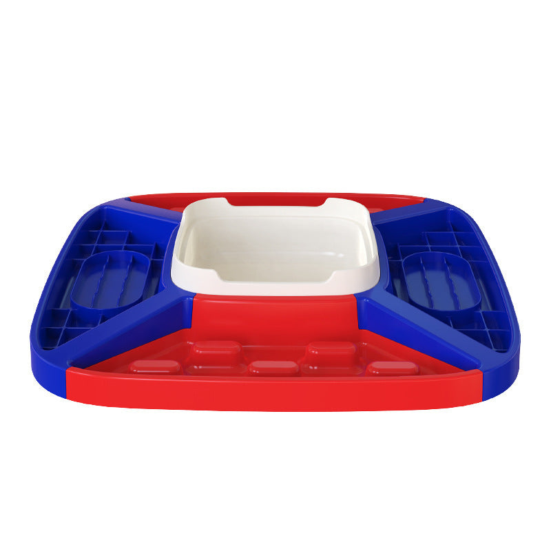 Side view of the red, blue, and white multifunctional dog feeder highlighting the segmented trays for food and water