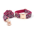 Load image into Gallery viewer, Leopard print dog collar and matching leash set with rose gold metal clasp and buckle on white background
