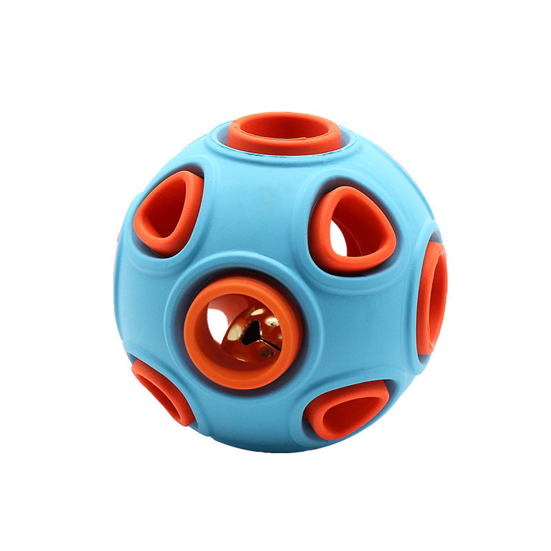 Blue and orange dog toy ball at 40mm size showing hollow openings and a bell inside.