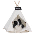 Load image into Gallery viewer, Dog resting inside white pet teepee with hanging wooden sign 'DOG'
