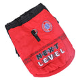 Cargar la imagen en la vista de la galería, Flat lay detail of red and black dog jacket showing embroidered FC Bayern Munich patch and zipper with loop
