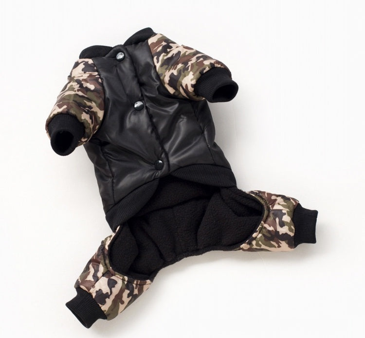 Black and camouflage FBI dog jumpsuit laid flat showing interior fleece lining and snap buttons
