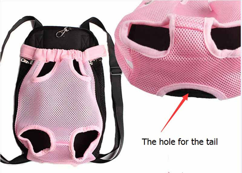 Pink mesh pet carrier showing tail hole for comfort