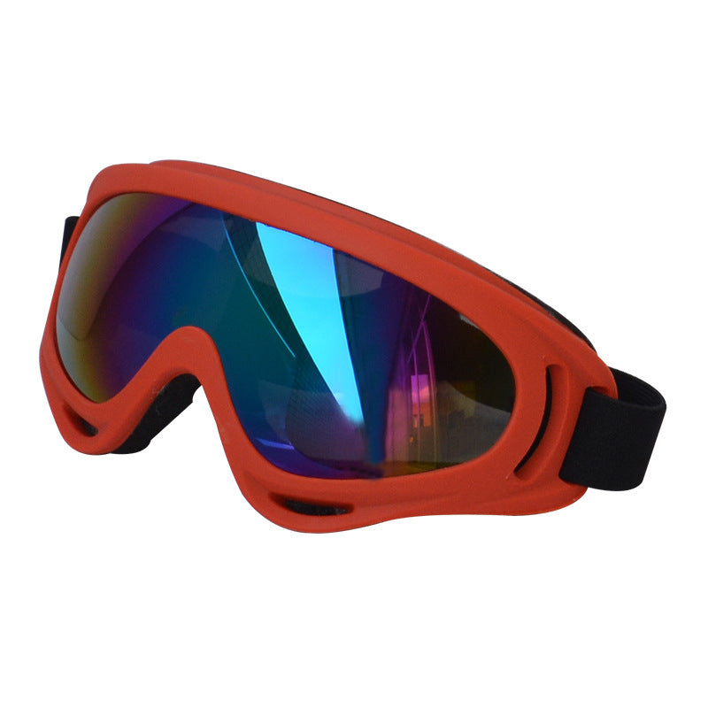 Red-orange frame dog sunglasses with reflective blue lenses on white background