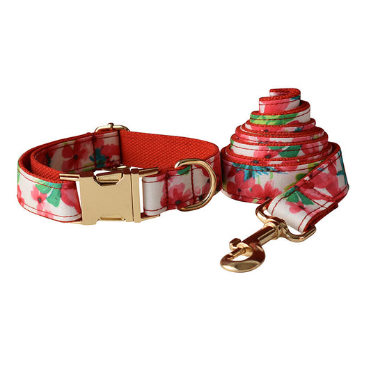 Red floral dog collar and leash set with gold buckle and clasp