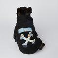 Load image into Gallery viewer, Back view of French bulldog sitting, wearing black pet hoodie with unique colorful painterly graphic design
