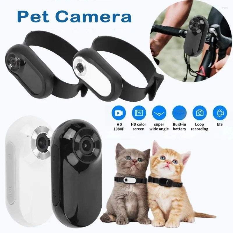 Two pet collars and cameras shown with kittens wearing collars; icons highlighting HD features