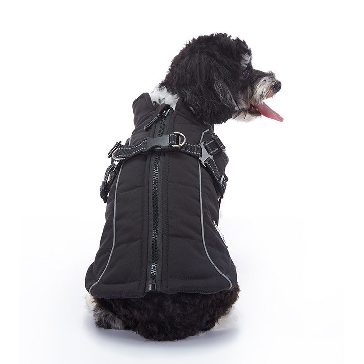 Black camo winter dog coat displayed on a studio background, showing soft fleece lining and convenient pockets