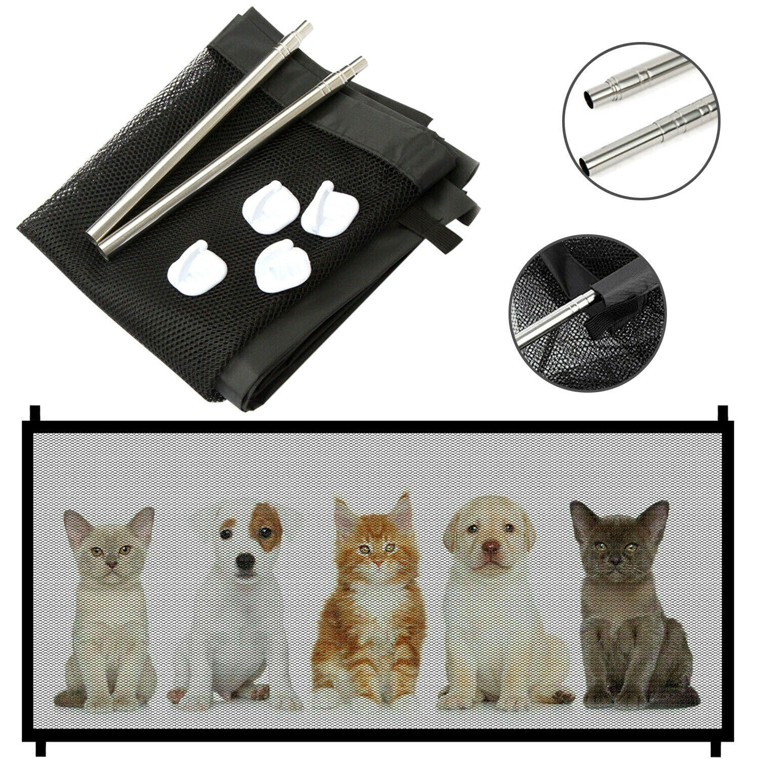 Folded mesh gate with poles and four adhesive hooks displayed alongside a cutout showing poles inserted into mesh loops