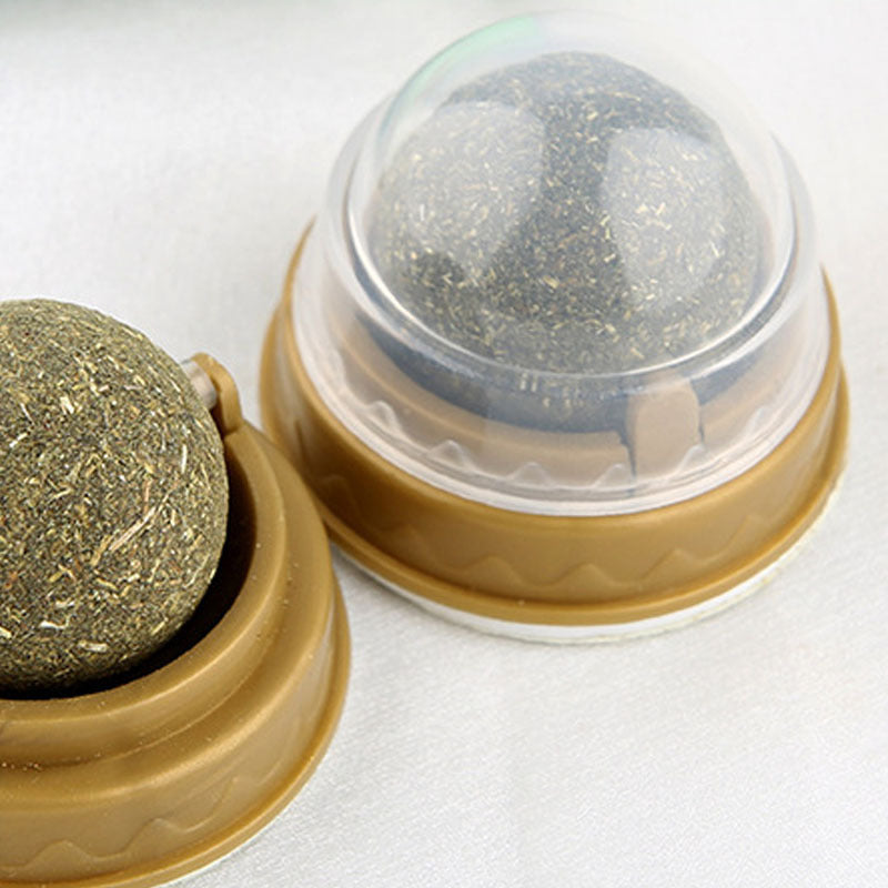 Catnip ball toys in brown plastic bases, one with clear protective dome cover