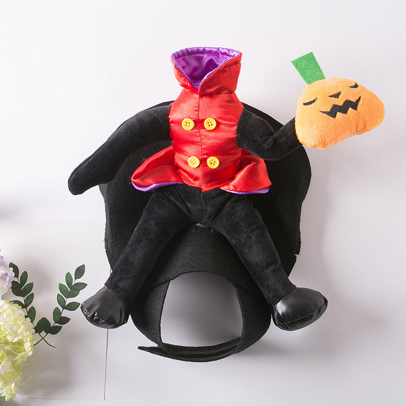 Front view of headless man dog costume laid flat, showing open strap and pumpkin plush attached to one arm