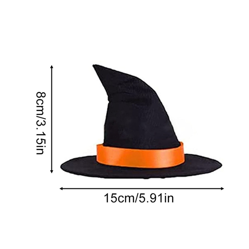Black witch hat with orange band shown with 15cm width and 8cm height measurements