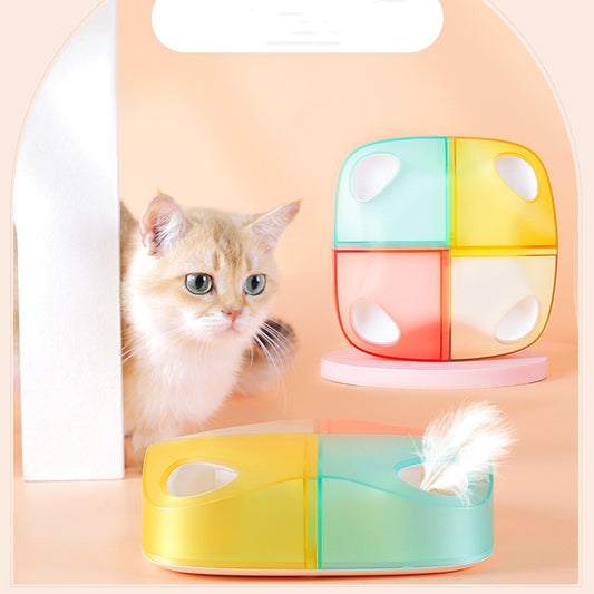 Cat playing with colorful interactive feather toy with four compartments and soft feathers