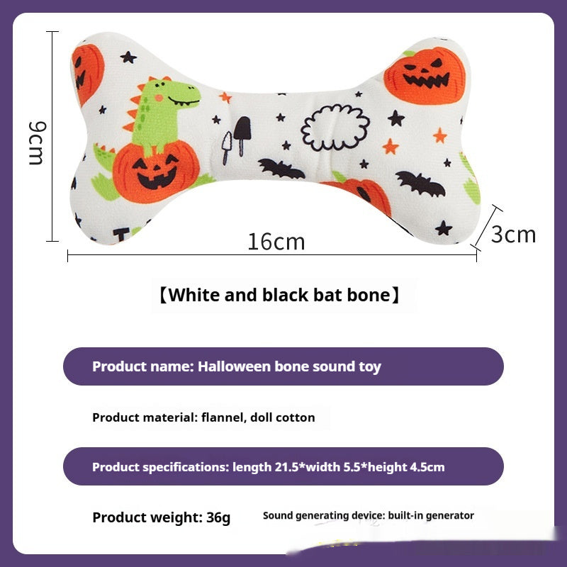 White Halloween bone toy with green dinosaur and pumpkin patterns, dimensions shown