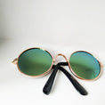 Load image into Gallery viewer, Detailed view of black arms and rose gold hinges on pet sunglasses  
