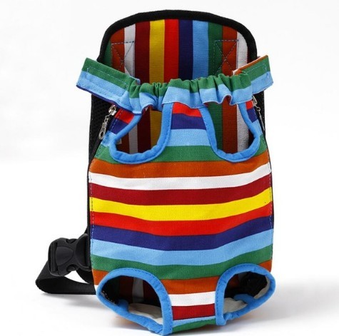 Bright striped portable pet carrier with elastic top and leg openings