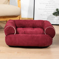 Charger l'image dans la visionneuse de la galerie, Rich burgundy velvet pet bed styled as a small sofa with comfortable padding
