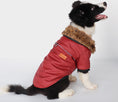 Load image into Gallery viewer, Side view of black and white dog wearing red PU leather jacket with faux fur collar and leash attachment ring

