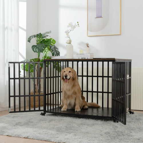 Golden retriever sitting inside the open door of the dog crate placed on a carpet