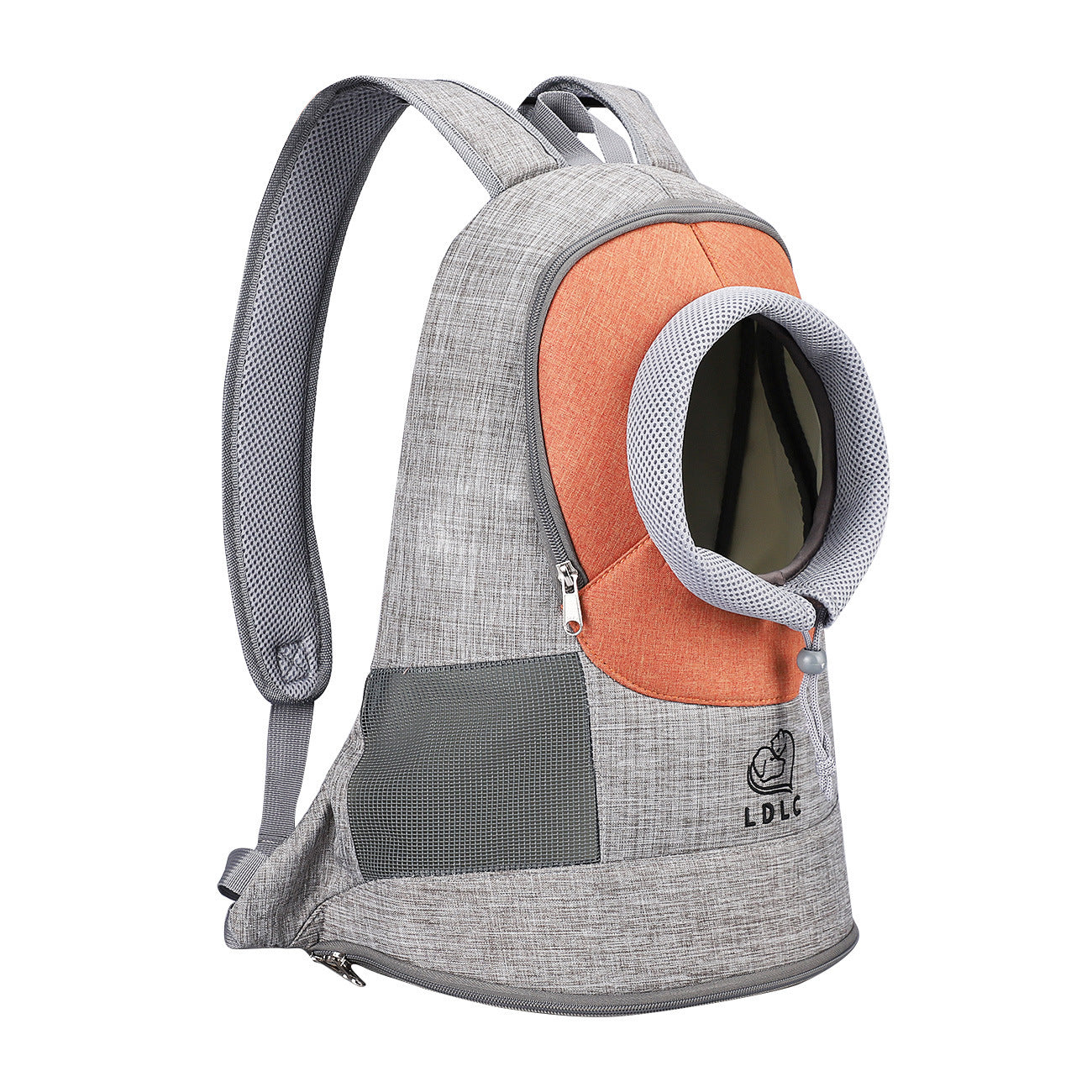Gray and orange padded backpack pet carrier with mesh ventilation shown from side with bubble window