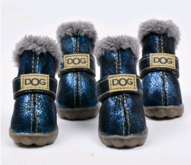 Set of dark blue glittery dog winter boots lined with gray faux fur