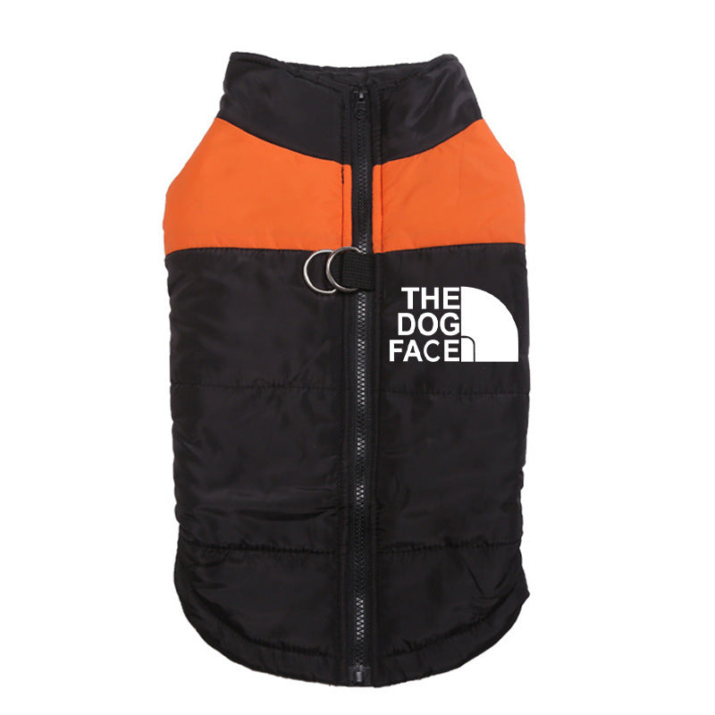 Front view of black and orange waterproof dog vest with padded insulation and zipper closure