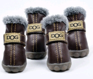 Dark brown winter dog boots with gray faux fur lining and contrast stitching