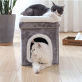 Load image into Gallery viewer, Gray and white cat lounging on top of the gray cat cave while a fluffy cat is inside looking out the entrance with mouse toy
