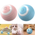 Load image into Gallery viewer, Two automatic interactive cat toy balls in pastel pink and light blue, featuring a textured silicone surface and power button on top
