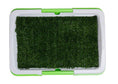 Load image into Gallery viewer, Top view of green artificial grass dog potty tray with gray and green frame
