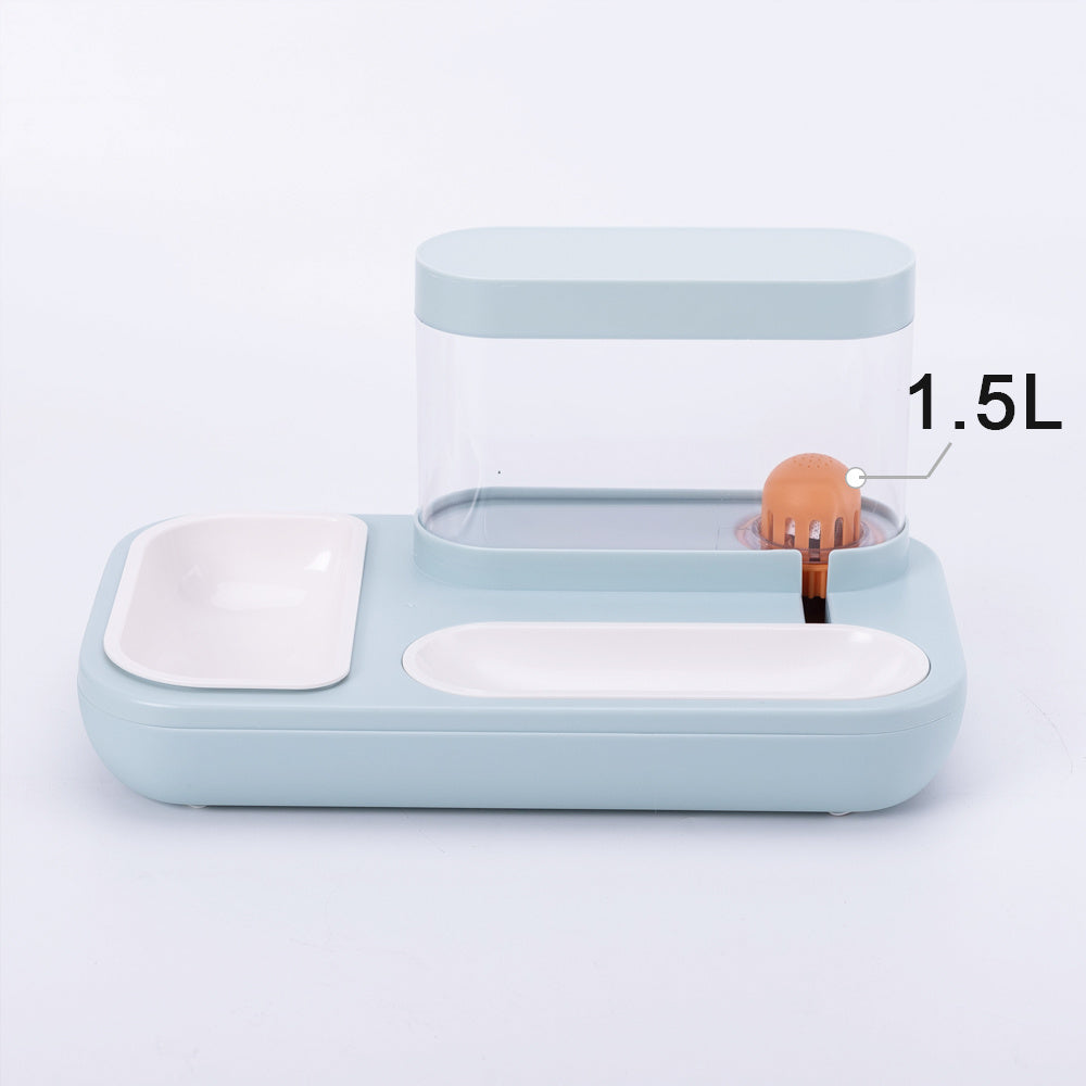 Light blue and white automatic pet feeder with 1.5L water tank and dual feeding bowls on white background
