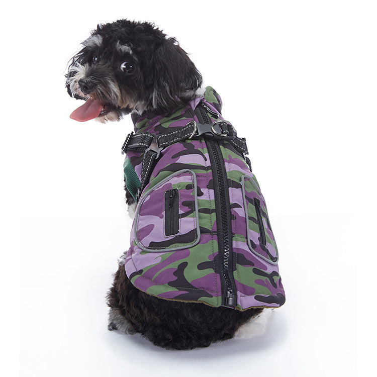 Purple camo winter dog coat displayed on a studio background, showing soft fleece lining and convenient pockets