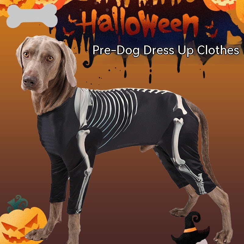 Dog wearing black skeleton costume with white bone print, standing indoors against orange Halloween background