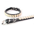 Load image into Gallery viewer, Light beige rhinestone PU pet collar laid flat with close-up of buckle and D-ring
