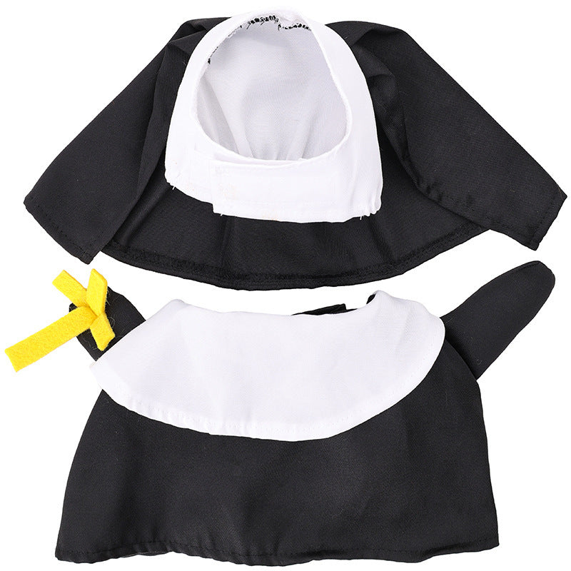Pet nun costume laid out flat showing separate pieces: black top with white collar and yellow cross, with head covering