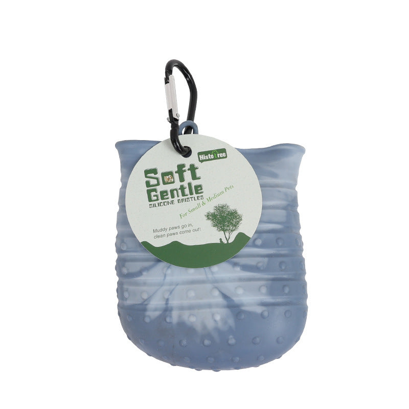 Dark blue paw cleaner cup for small and medium pets with hang tag