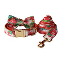 Load image into Gallery viewer, Red floral dog collar with matching leash and bow tie attached
